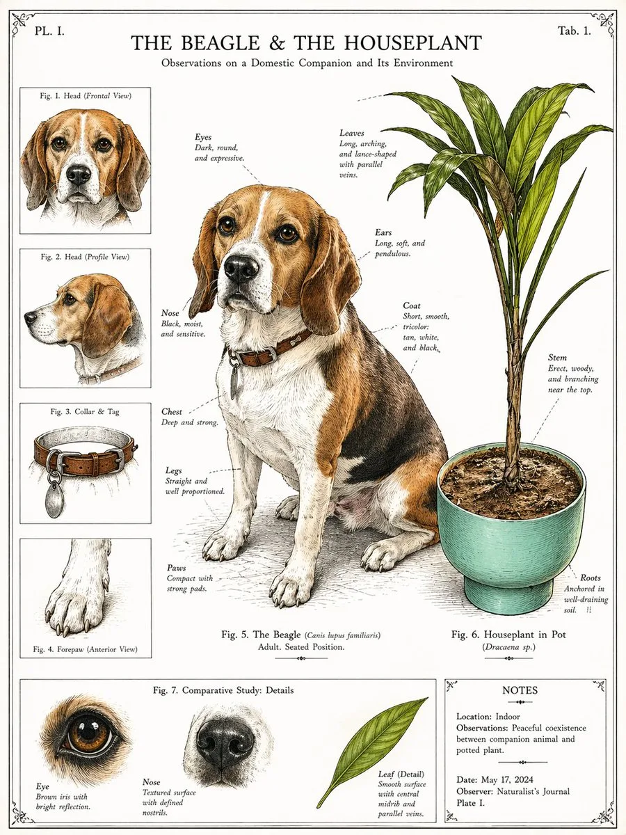 Tranh bách khoa cổ điển chó Beagle và chậu cây