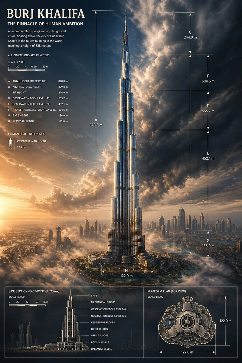 Poster infographic kiến trúc tòa tháp Burj Khalifa