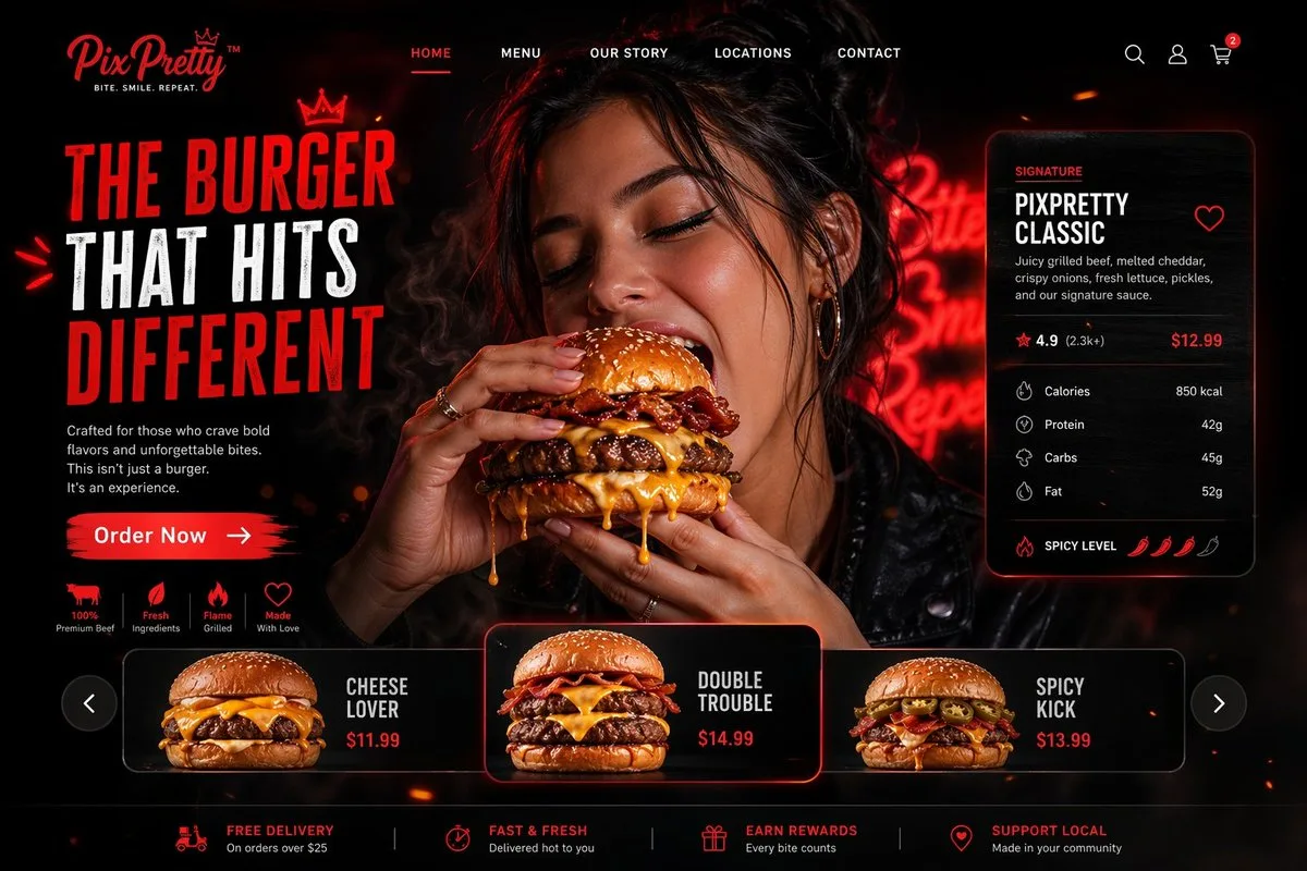 Trang đích quảng cáo burger phong cách điện ảnh sang trọng