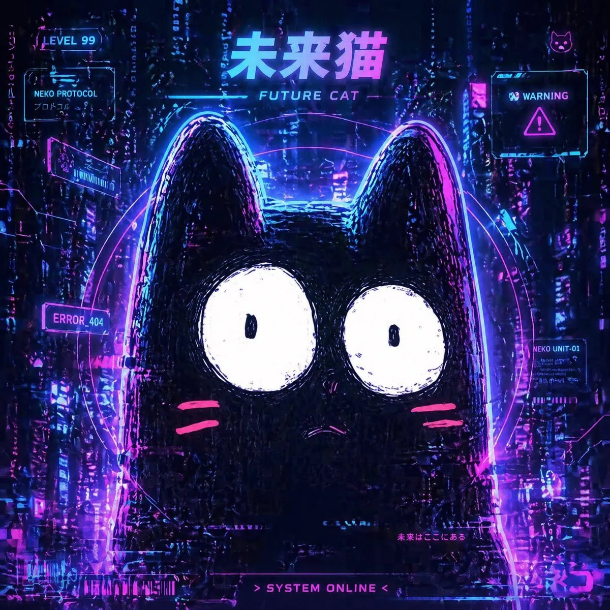 Poster neon linh vật mèo tương lai phong cách cyberpunk