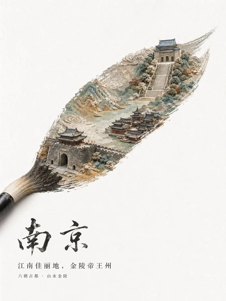Poster du lịch thành phố nét cọ thư pháp