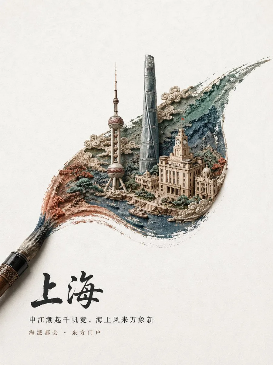 Poster quảng bá Thượng Hải với nét cọ thư pháp Trung Hoa