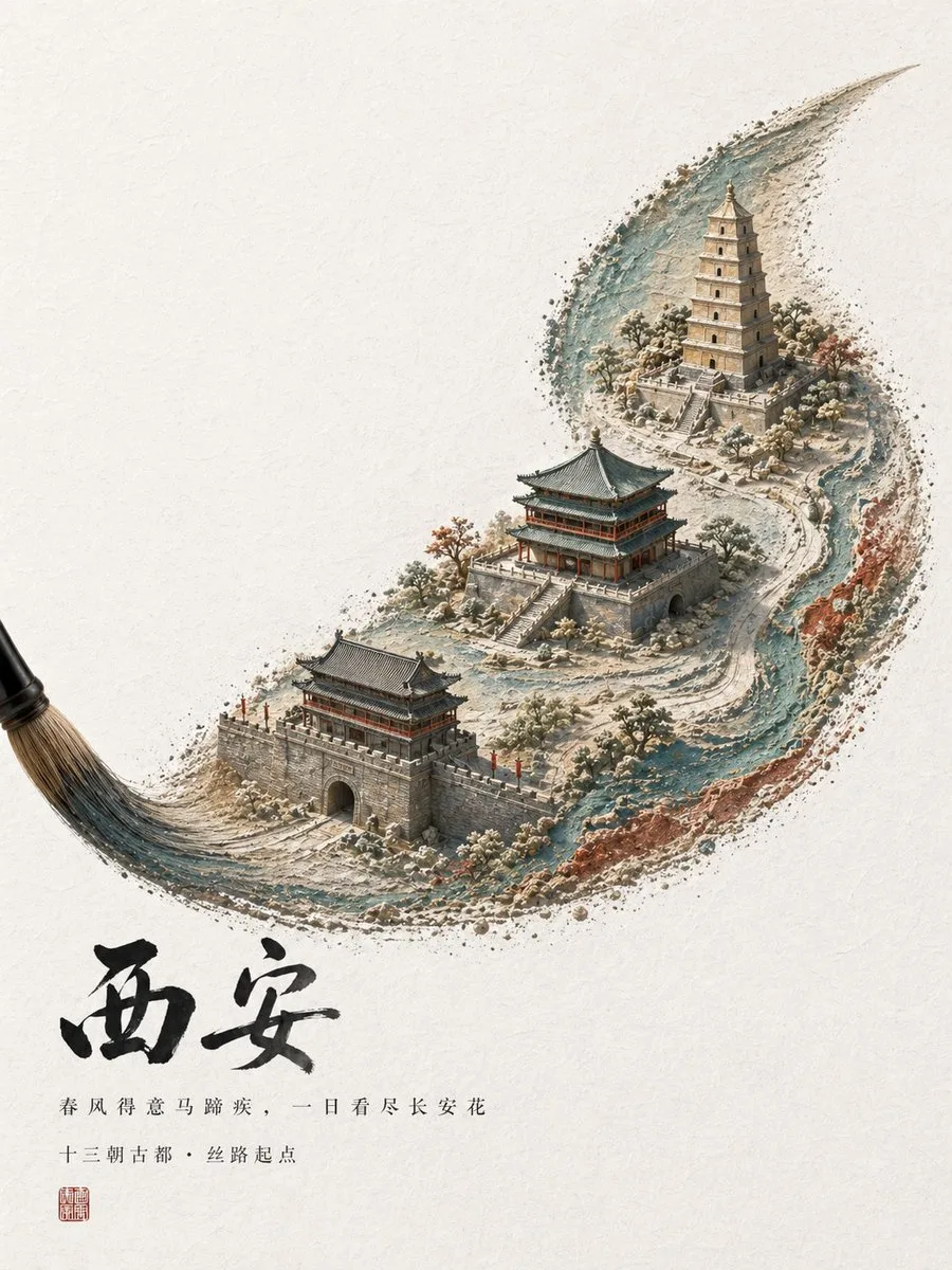 Poster du lịch Tây An nét cọ thủy mặc