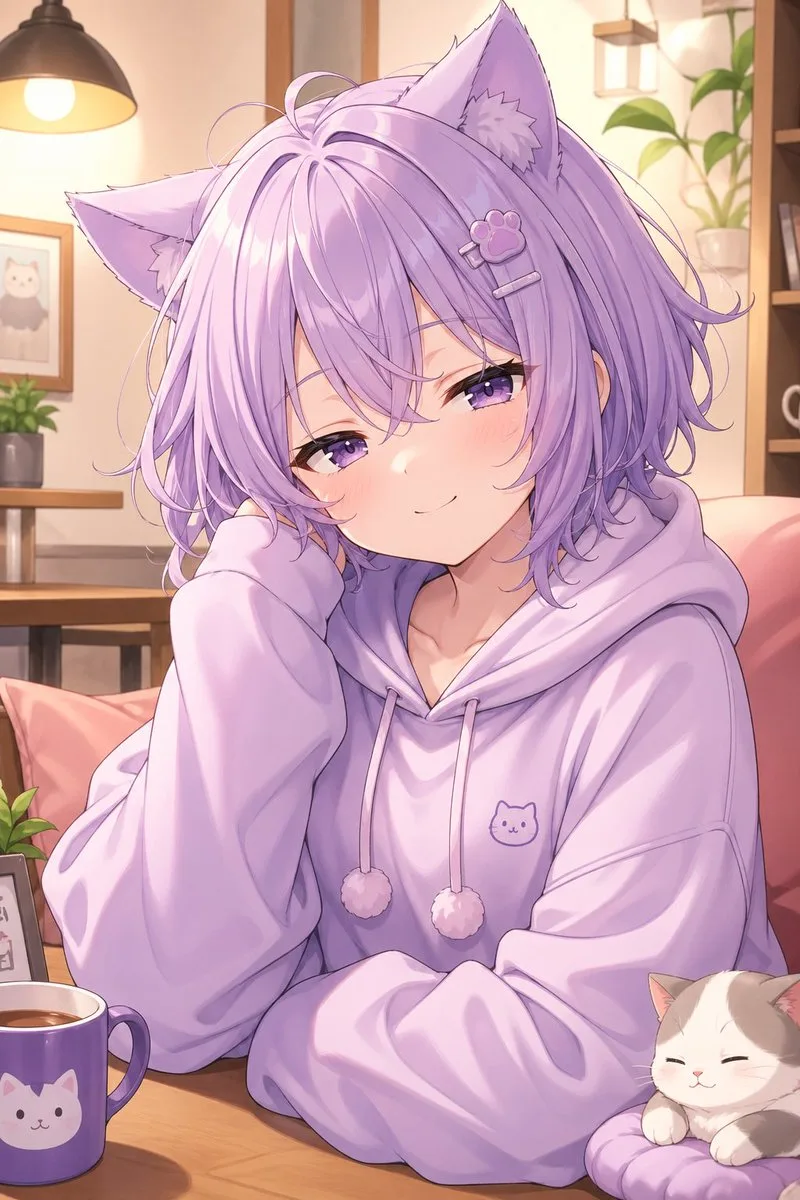 Chân dung cô gái mèo VTuber ấm cúng tông tím oải hương