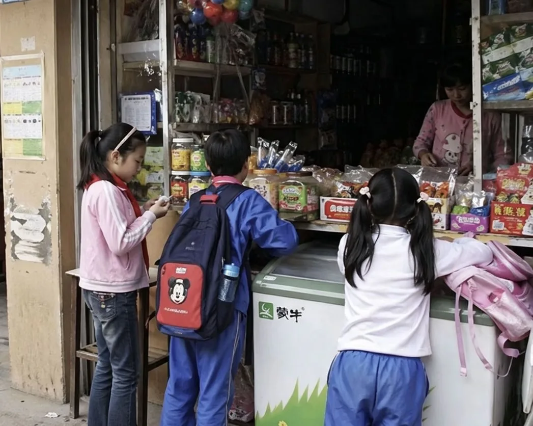 Học sinh tiểu học tại tiệm tạp hóa góc phố