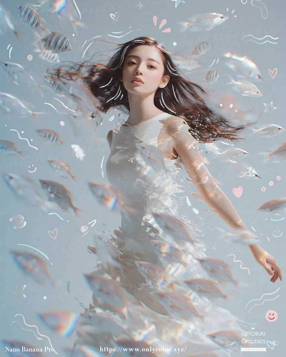 Người phụ nữ mộng mơ dưới nước cùng đàn cá trong suốt