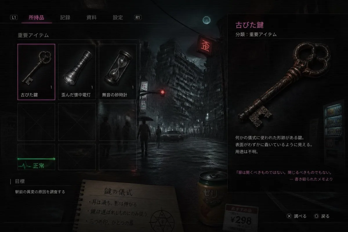 Giao diện túi đồ game kinh dị Nhật Bản