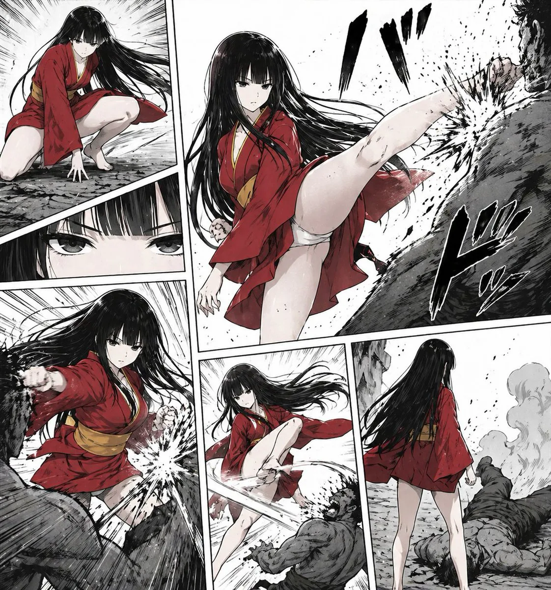 Trang truyện manga chiến đấu tàn khốc với kimono đỏ