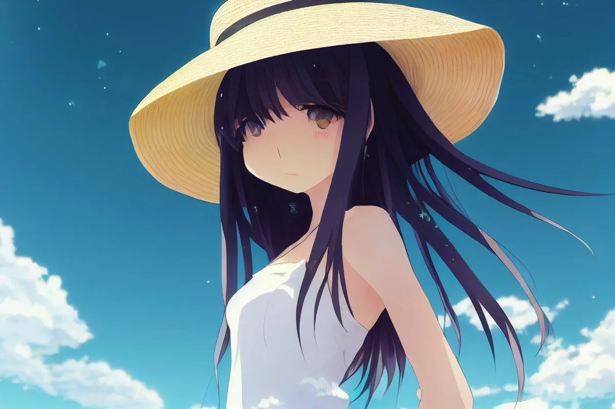 Thiếu nữ anime đội mũ cói dưới bầu trời xanh