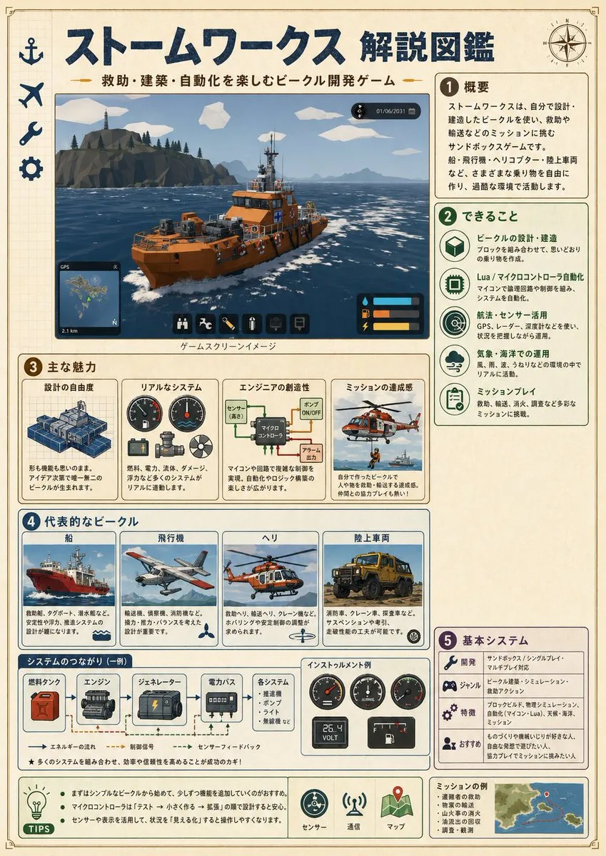 Infographic hướng dẫn game Stormworks phong cách Nhật Bản