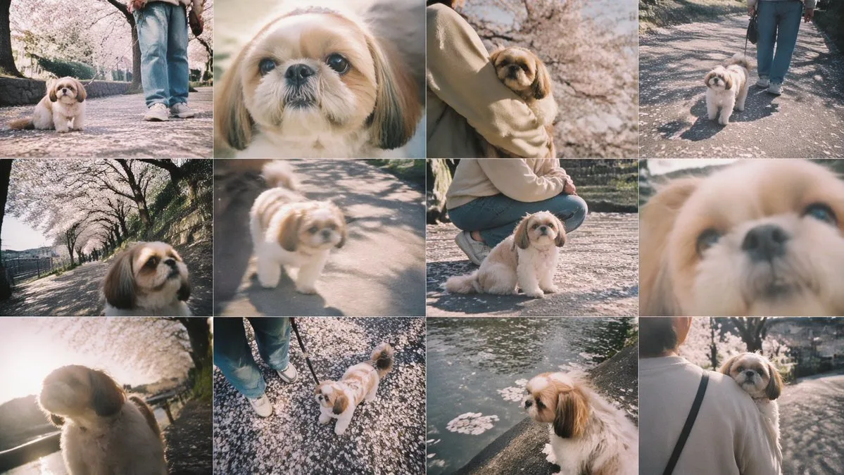 Bộ ảnh ghép chú chó Shih Tzu dưới hoa anh đào