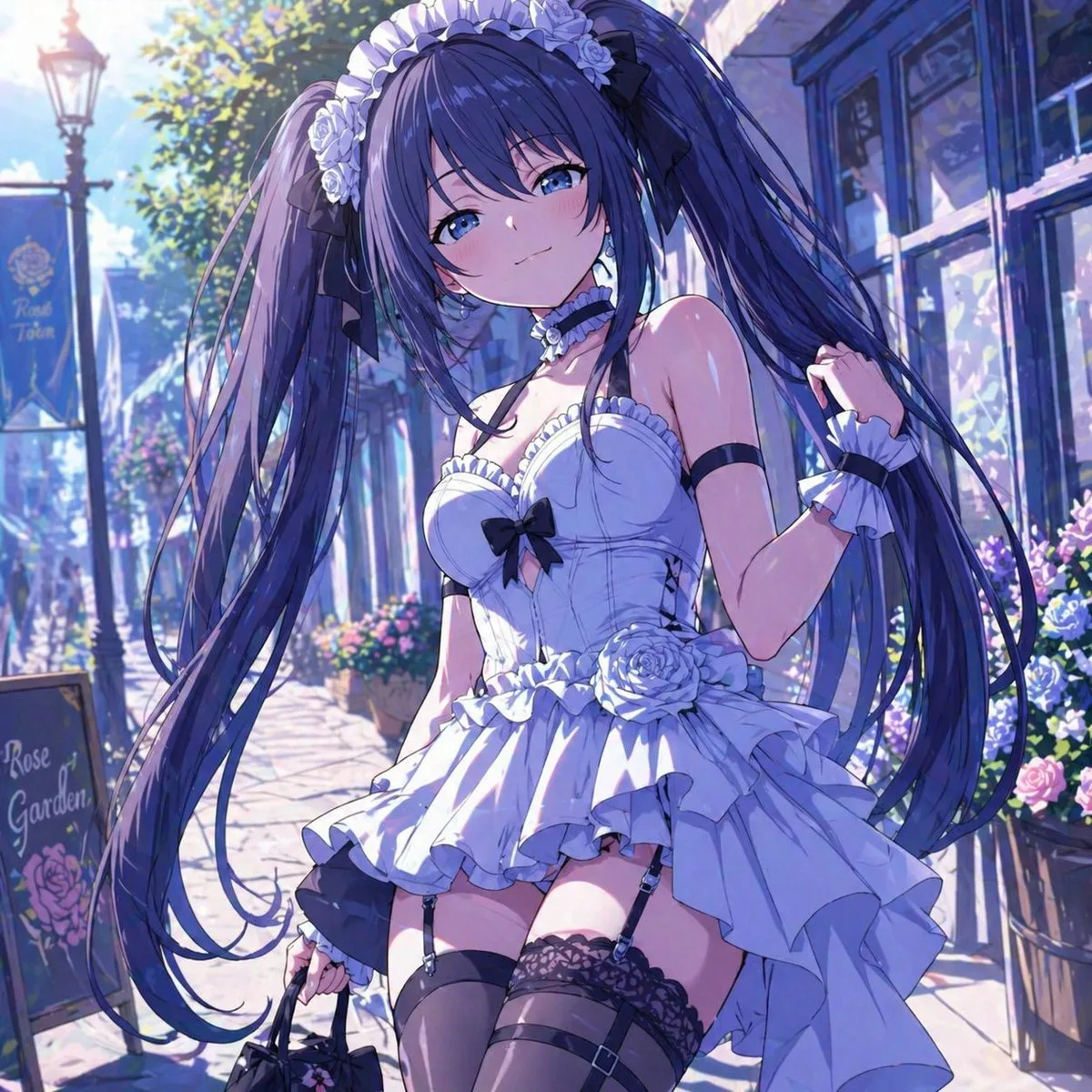 Thiếu nữ anime thanh lịch trên phố hoa