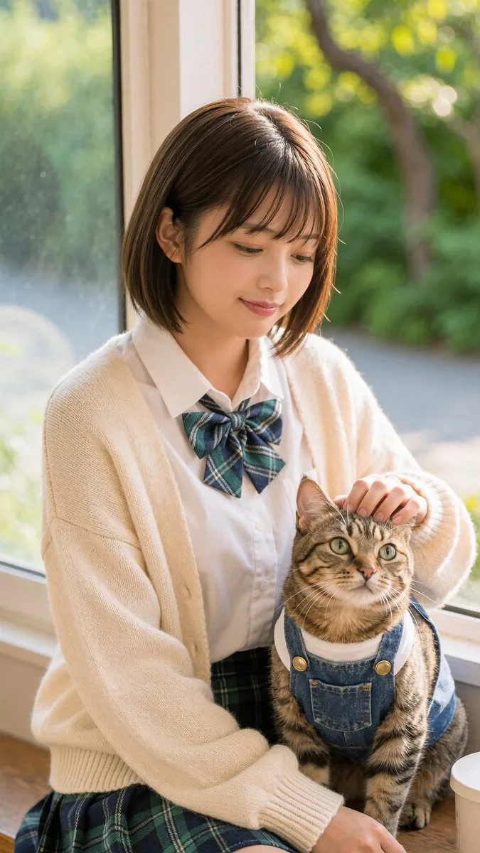 Nữ sinh và mèo bên cửa sổ ngập nắng
