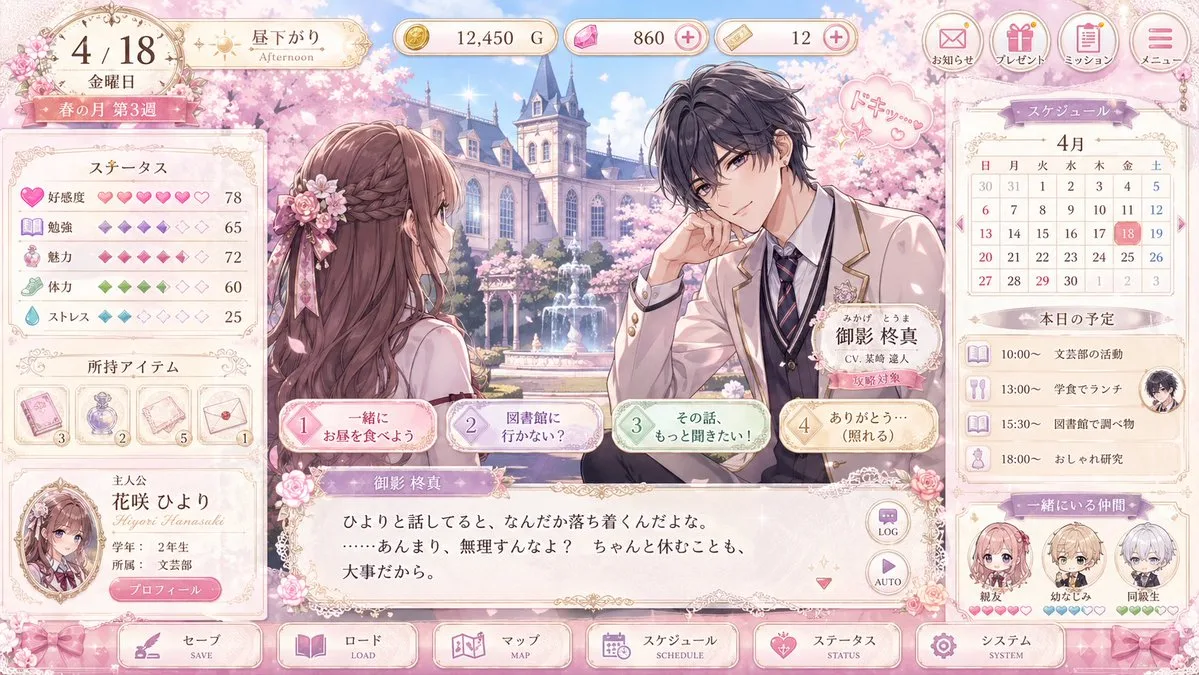 Mockup giao diện game Otome tông màu pastel