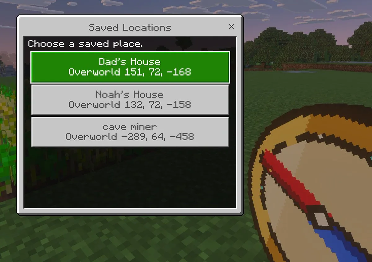Mockup giao diện địa điểm đã lưu Minecraft