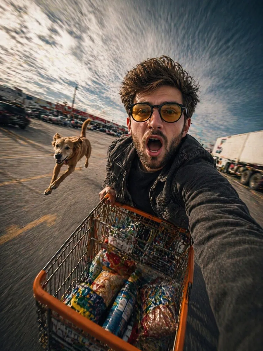 Selfie hành động chân thực với xe đẩy hàng