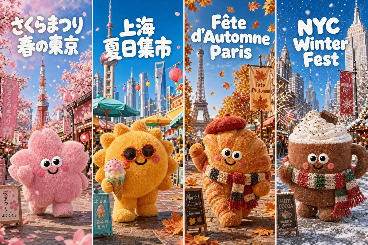 Poster lễ hội bốn mùa linh vật thú bông 3D