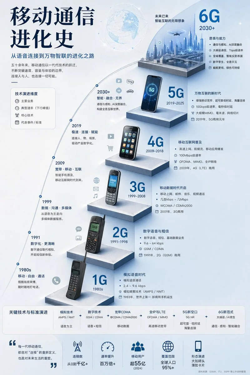 Infographic tiến trình phát triển mạng di động từ 1G đến 6G