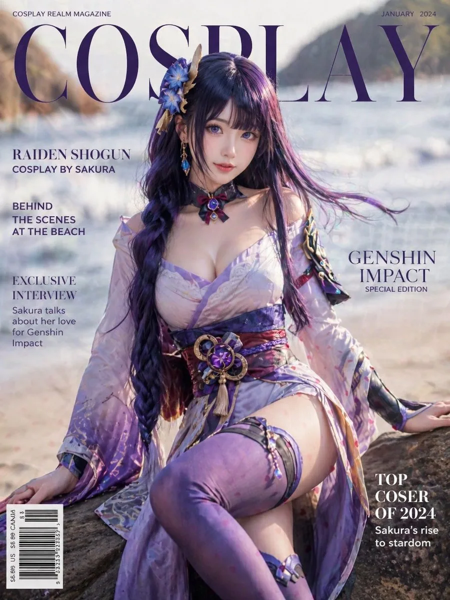 Bìa tạp chí cosplay Raiden Shogun trên bãi biển