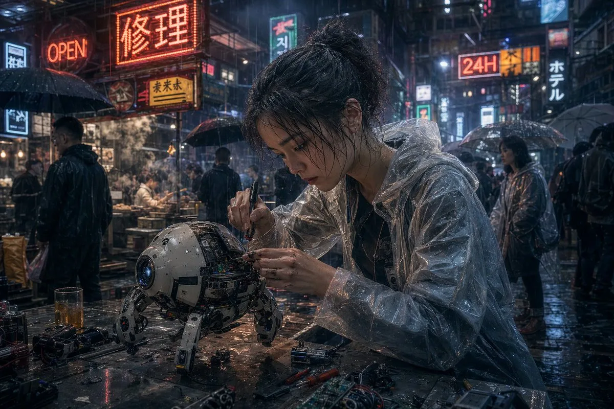 Sửa robot trên phố cyberpunk đêm mưa