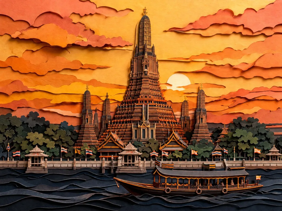 Tranh cắt giấy Chùa Wat Arun lúc hoàng hôn