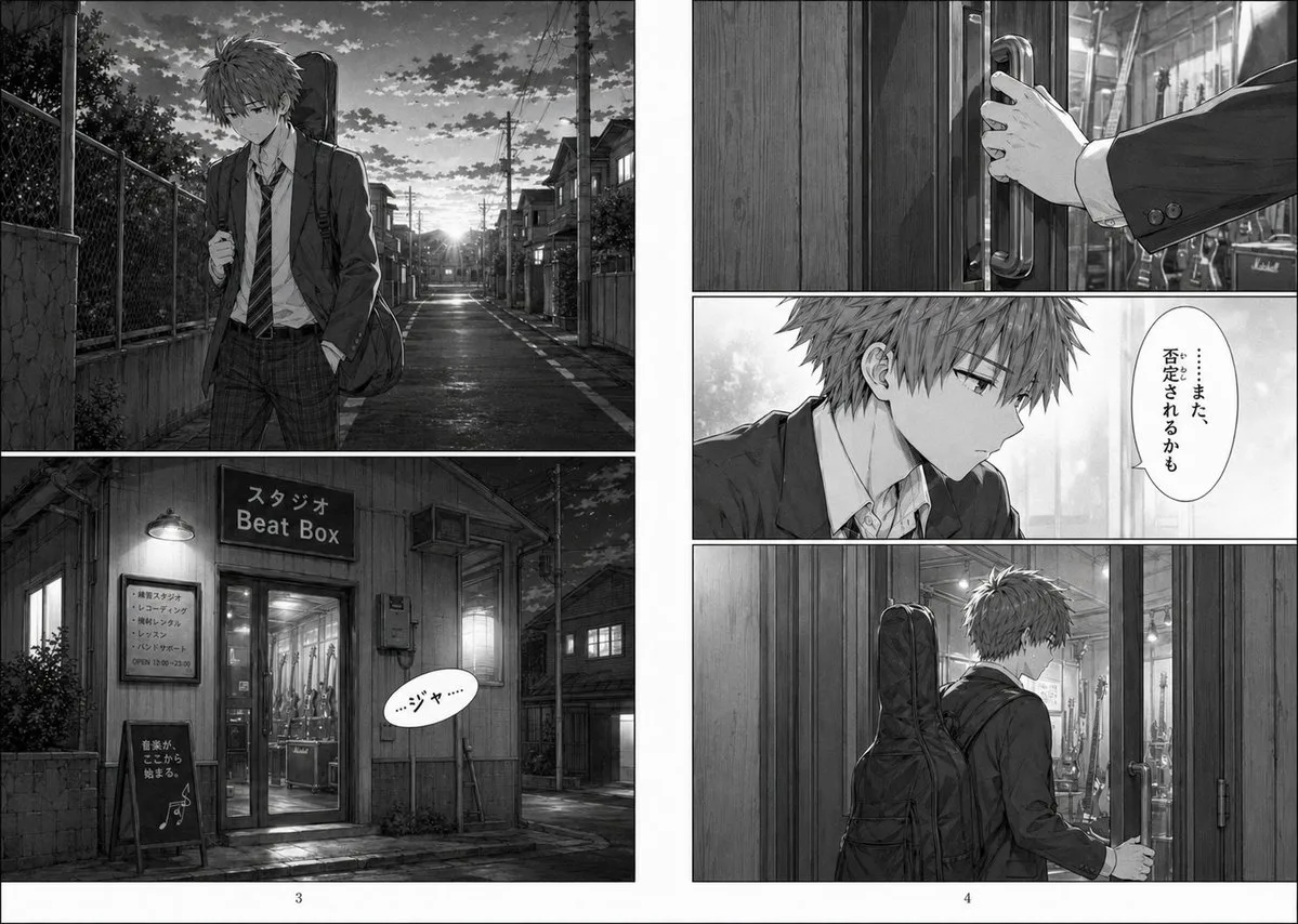 Manga đen trắng: Cậu thiếu niên bước vào phòng thu âm