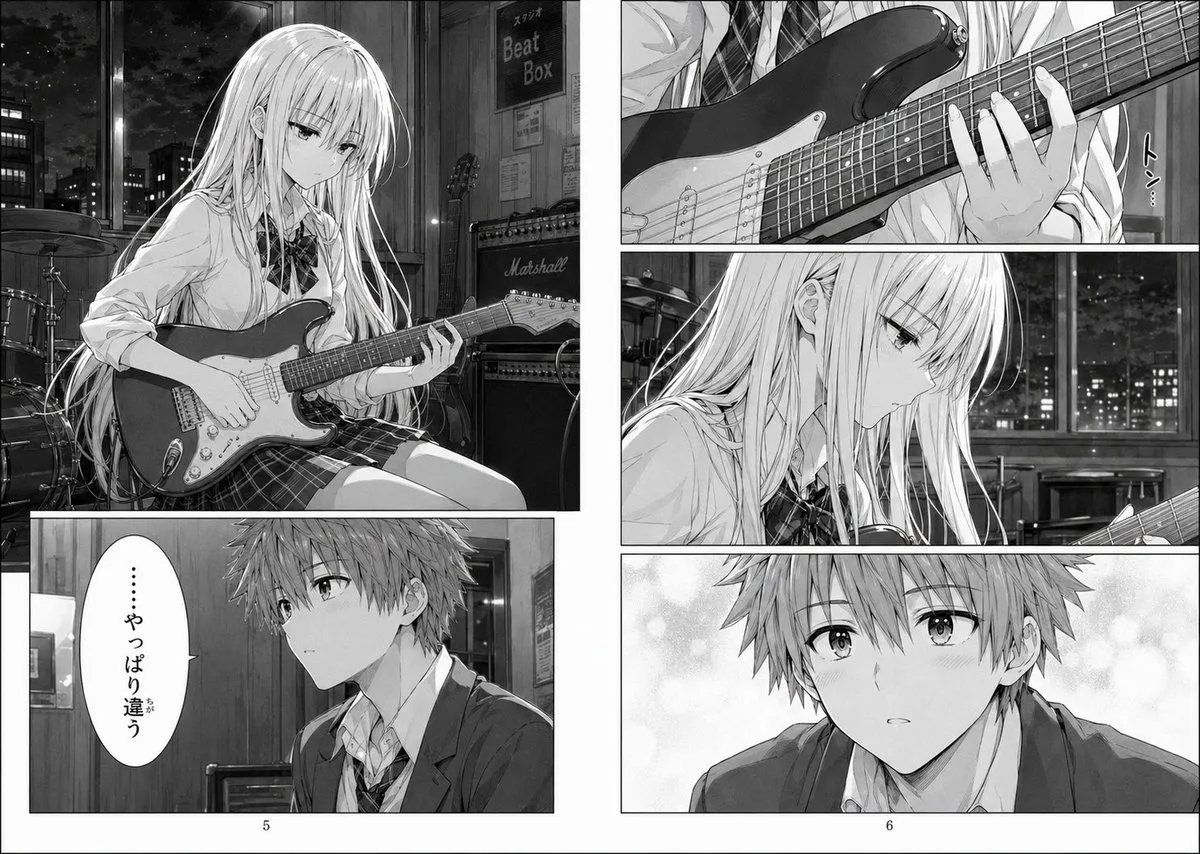 Trang manga đen trắng nữ sinh chơi guitar trong phòng thu