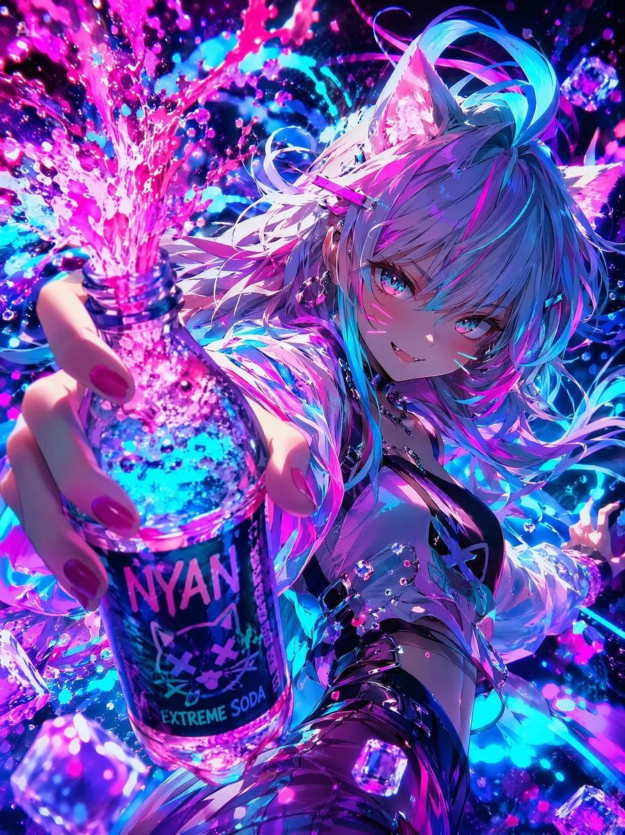 Cô gái mèo neon và dòng soda bùng nổ