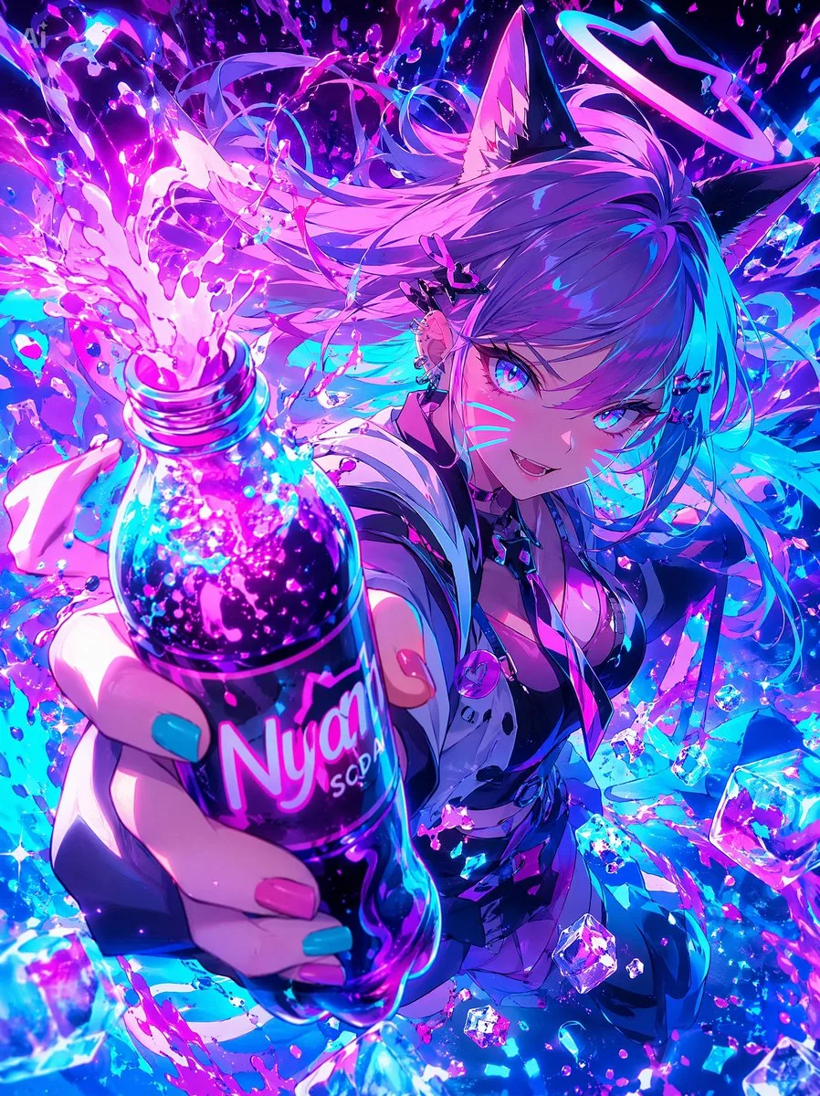 Cô gái mèo neon và chai soda bùng nổ