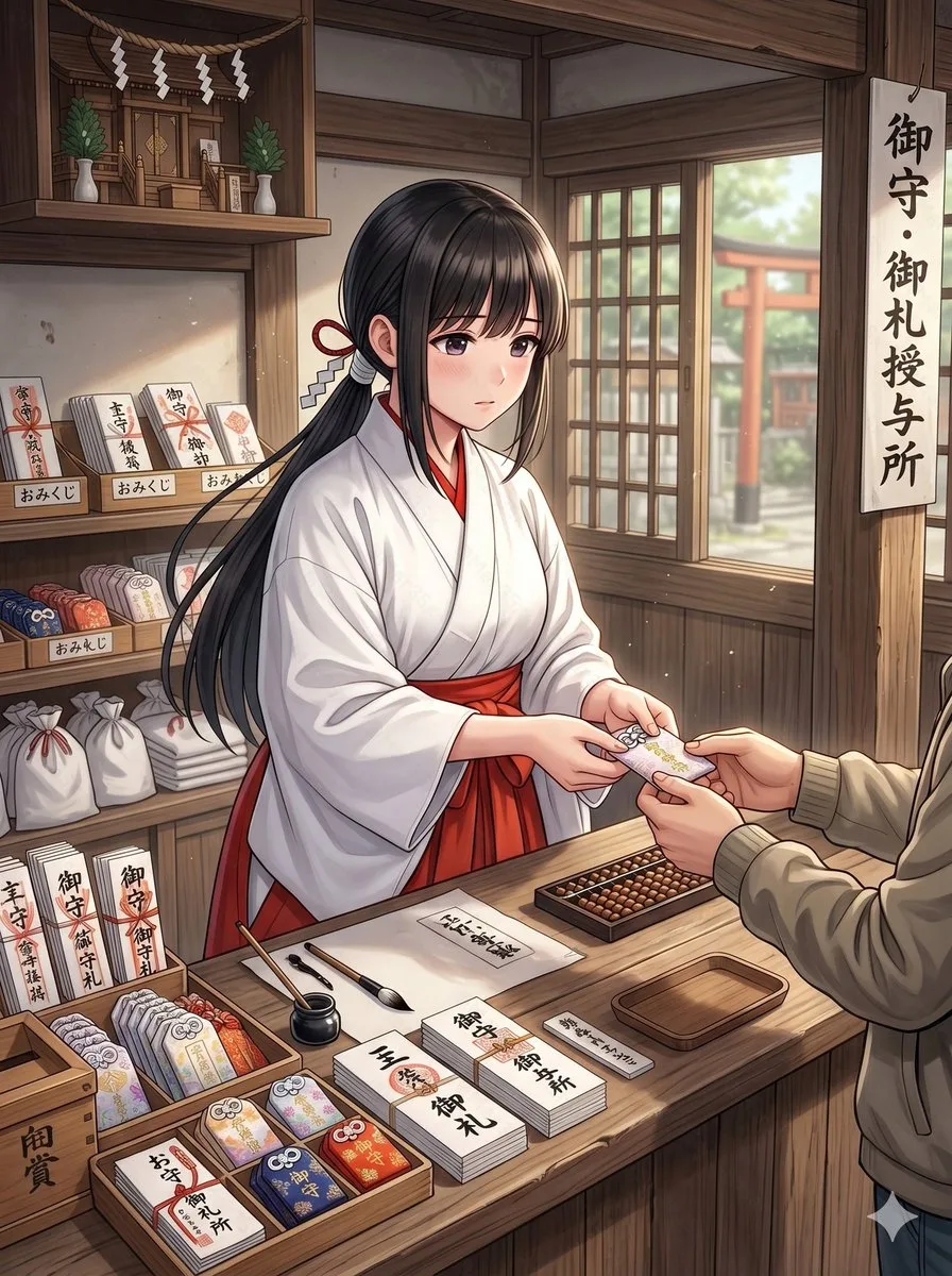 Vu nữ anime bên quầy bùa hộ mệnh