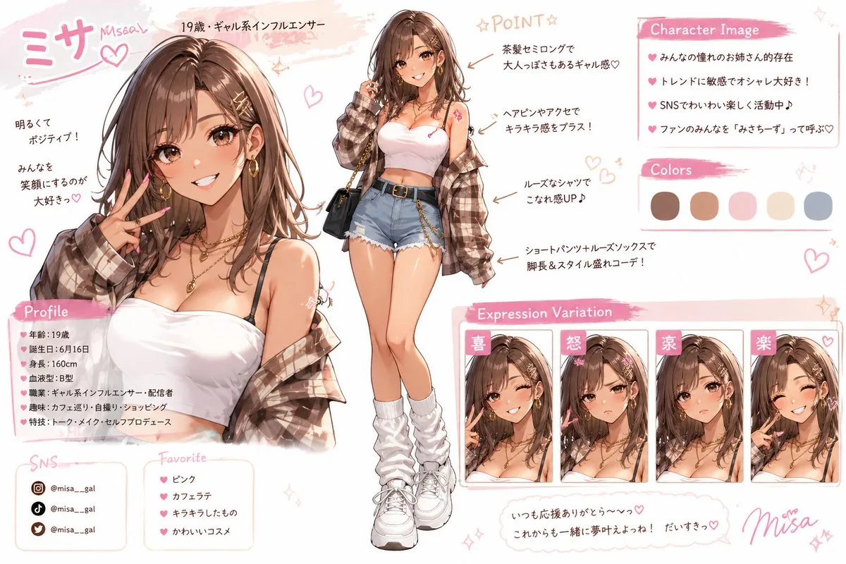 Bảng thiết kế nhân vật nữ influencer phong cách Gyaru pastel