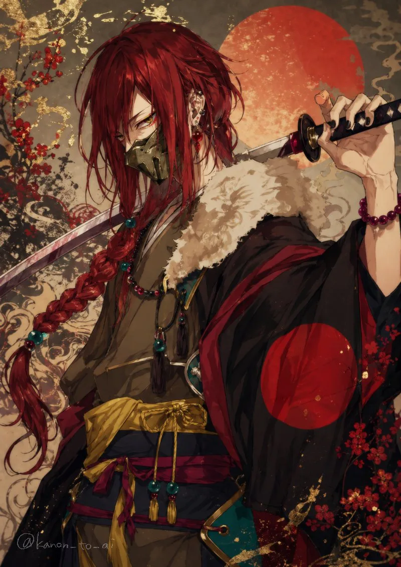 Chân dung samurai tóc đỏ đeo mặt nạ