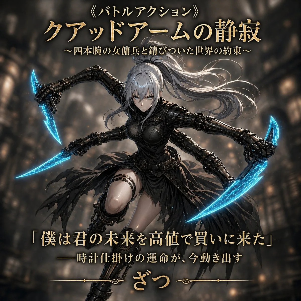 Bìa sách dark fantasy nữ chiến binh bốn tay
