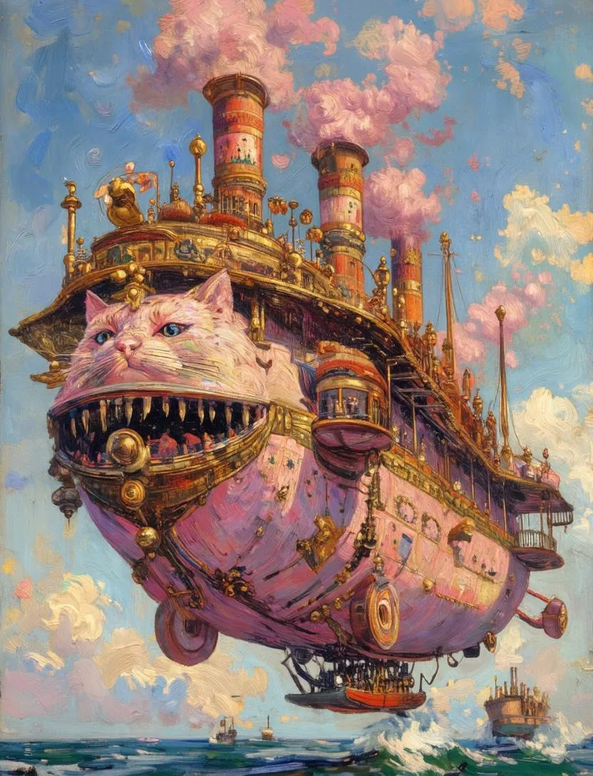 Khí cầu mèo steampunk lơ lửng trên biển