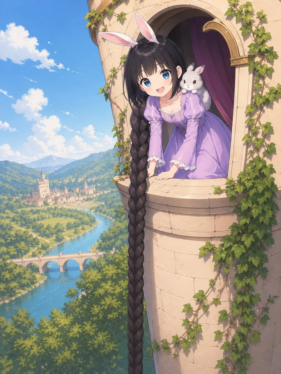 Cảnh nàng Rapunzel bên tháp đá phong cách anime