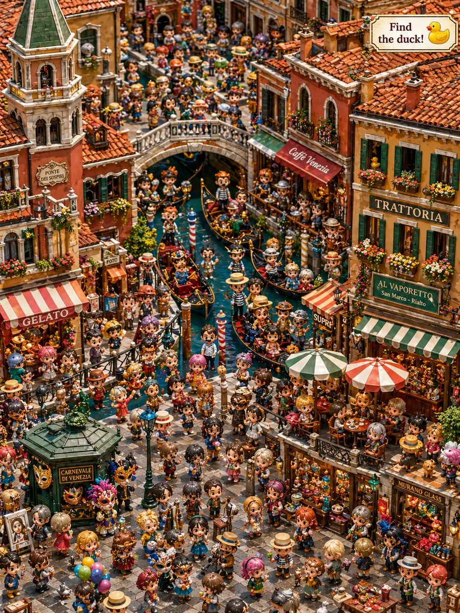 Tìm chú vịt ẩn ở Venice phong cách chibi