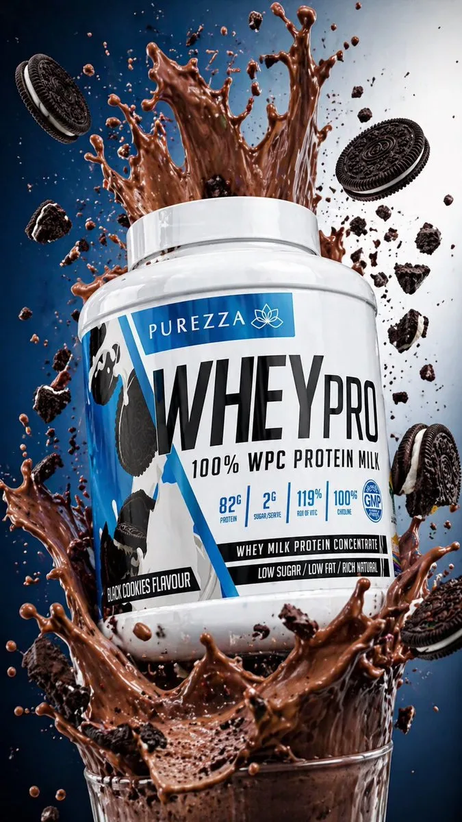 Ảnh quảng cáo hộp whey protein với hiệu ứng sữa lắc bắn tung tóe