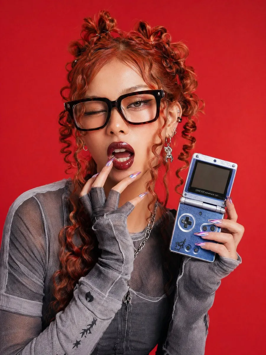 Chân dung thời trang editorial cùng máy chơi game cầm tay retro